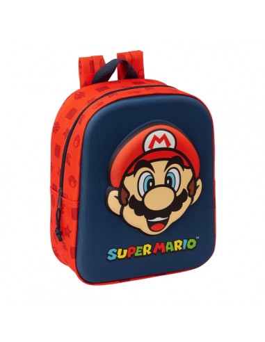 Safta Super Mario Mochila Guarderia 3D - Asa de Mano - Compartimento Principal con Cremallera - 22x27x10cm - Color Rojo y Azul