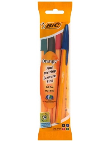 Bic Orange Original Fine Pack de 4 Boligrafos de Bola - Punta Redonda de 0.8mm - Trazo de 0.3mm - Tinta con Base de Aceite -