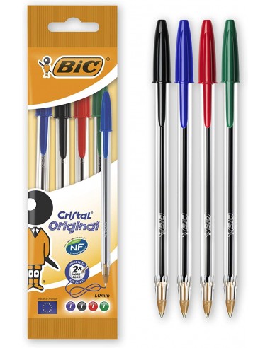 Bic Cristal Original Pack de 4 Boligrafos de Bola - Punta Redonda de 1.0mm - Trazo 0.4mm - Tinta con Base de Aceite - Colores