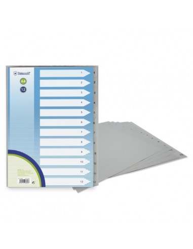 Bismark Indice Numerico con Pestañas del 1 al 12 - Multitaladro - Formato A4 - Fabricados en Polipropileno - Color Gris