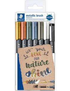 Staedtler Metallic Brush Pack de 7 Rotuladores Punta de Pincel - Tinta Base de Agua - Trazo 1 - 6mm Aprox - Colores Surtidos