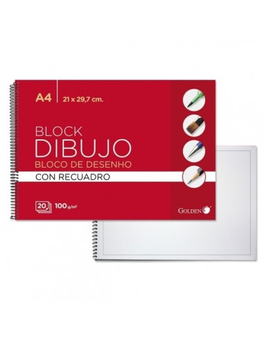Golden Cuaderno de Dibujo Espiral A4 20 Hojas con Recuadro Interior - Papel de 100gr