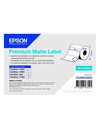 Epson Premium Matte Lab Rollo de Etiquetas Rectangulares Originales 102x76mm - Adhesivo Permanente - 440 Unidades x Rollo -