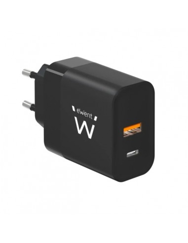 Ewent EW1327 Cargador GaN Universal de Pared 45W Ultrarapido - 1x USB-C PD 3.0 & PPS-1x USB-A QC 2.0 - Color Negro