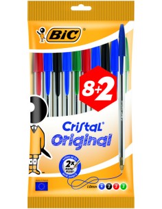 Bic Cristal Original Pack de 10 Boligrafos de Bola - Punta Redonda de 1.0mm - Trazo 0.4mm - Tinta con Base de Aceite -