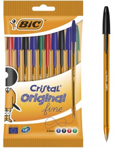 Bic Cristal Original Fine Pack de 10 Boligrafos de Bola - Punta Redonda de 0.8mm - Trazo de 0.30mm - Tinta con Base de Aceite