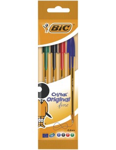 Bic Cristal Original Fine Pack de 4 Boligrafos de Bola - Punta Redonda de 0.8mm - Trazo de 0.30mm - Tinta con Base de Aceite