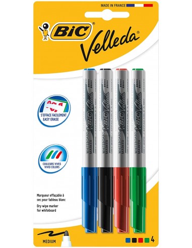 Bic Velleda 1741 Pack de 4 Rotuladores para Pizarra - Punta Media - Trazo de 1.4mm - Borrado Optimo - Colores Surtidos
