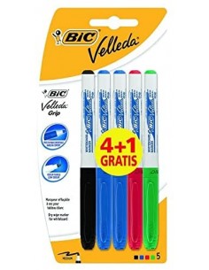 Bic Velleda Grip 4 1 Pack de 5 Rotuladores para Pizarra - Zona con Grip - Punta Media - Trazo de 1.2mm - Borrado Optimo -
