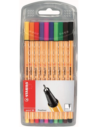 Stabilo Point 88 Pack de 10 Rotuladores de Punta Fina de Fibra - Trazo de 0.4 mm - Tinta con Base de Agua - Colores Surtidos