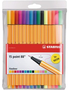 Stabilo Point 88 Pack de 15 Rotuladores de Punta Fina de Fibra - Trazo de 0.4 mm - Tinta con Base de Agua - 10 Colores