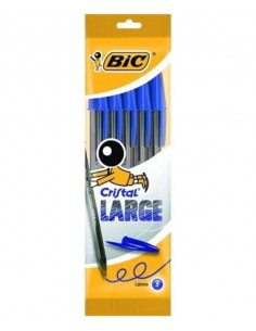 Bic Cristal Large Pack de 5 Boligrafos de Bola - Punta Redonda de 1.6mm - Trazo 0.6mm - Tinta con Base de Aceite - Color Azul