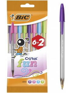 Bic Cristal Fun 6 2 Pack de 8 Boligrafos de Bola - Punta Redonda de 1.6mm - Trazo 0.42mm - Tinta con Base de Aceite - Colores
