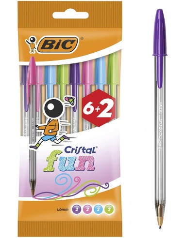 Bic Cristal Fun 6 2 Pack de 8 Boligrafos de Bola - Punta Redonda de 1.6mm - Trazo 0.42mm - Tinta con Base de Aceite - Colores