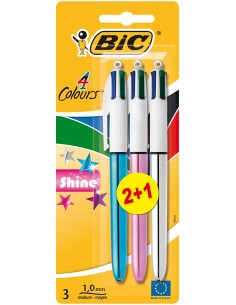 Bic 4 Colours Shine 2 1 Pack de 3 Boligrafos de Bola Retractil - Punta Media de 1.0mm - Tinta con Base de Aceite - Cuerpo de