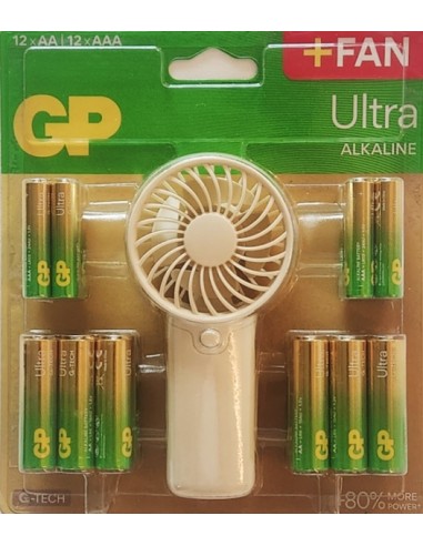 GP Ultra Alcalina Pack de 12 Pilas AAA-12 Pilas AA-Ventilador de Mano de Regalo