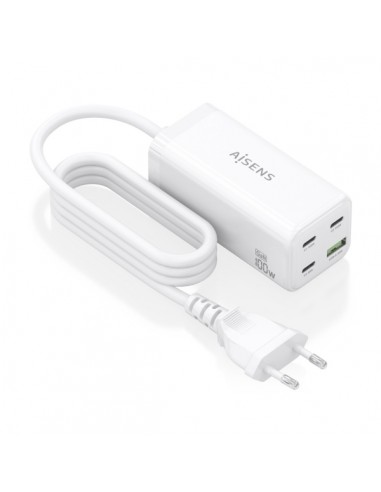 Aisens Cargador GAN 100W - 3xUSB-C PD3.0-QC4.0-QC5.0 - 1xUSB-A QC3.0 - Cable 1.4 Metros - Color Blanco