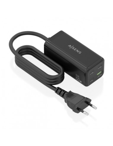 Aisens Cargador GAN 100W - 3xUSB-C PD3.0-QC4.0-QC5.0 - 1xUSB-A QC3.0 - Cable 1.4 Metros - Color Negro