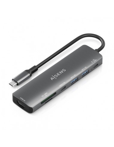 Aisens USB-C Dock 7 en 1 - USB-C a 1xHDMI - 2xUSB-A - 1xUSB-C - 1xUSB-C 100W - 1xSD - 1xMicroSD - 15cm - Color Gris