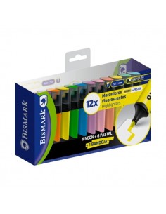 Bismark Pack de 12 Marcadores Fluorescentes - Punta Biselada 2 - 5mm Aprox - Tinta Base de Agua - Larga Duracion - Colores