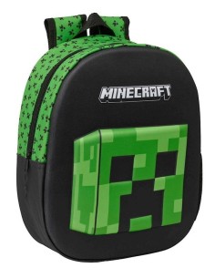Safta Minecraft Mochila 3D - Asa de Mano - Portabotellas Lateral - 27x33x10cm - Color Negro Verde
