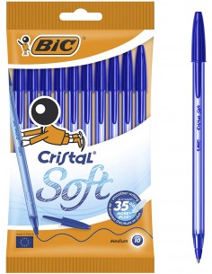 Bic Cristal Soft Pack de 10 Boligrafos de Bola - Punta Media de 1.2mm - Trazo 0.45mm - Escritura mas Fluida - Color Azul