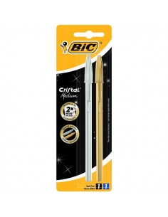 Bic Cristal Shine Pack de 2 Boligrafos de Bola - Punta Media de 1.0mm - Tinta con Base de Aceite - Cuerpo Plateado y Dorado -