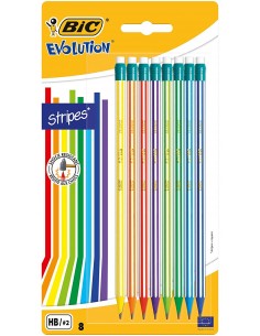 Bic Evolution Stripes Pack de 8 Lapices de Grafito Hexagonales con Goma de Borrar - Mina HB Ultraresistente - Fabricados en