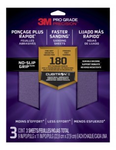 3M Pro Grade Precision Pack de 3 Hojas de Lijado - Grano 180 Fino - 22.8x27.9cm - Rendimiento Superior - Reduccion de Fatiga