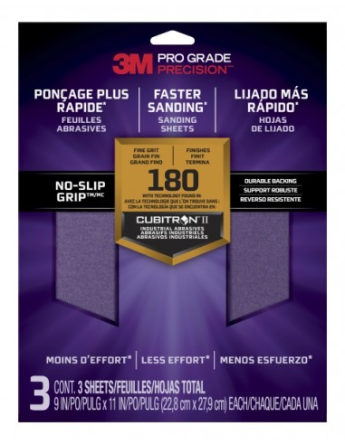 3M Pro Grade Precision Pack de 3 Hojas de Lijado - Grano 180 Fino - 22.8x27.9cm - Rendimiento Superior - Reduccion de Fatiga