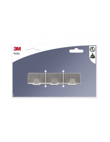 3M Gancho Adhesivo en Barra Metalica - Barra con 3 Ganchos - Soporta hasta 2.8kg - Color Gris Metalizado