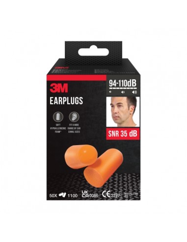 3M Pack de 100 Tapones para Oidos - Espuma Suave - SNR 35dB - 50 Pares - Color Naranja
