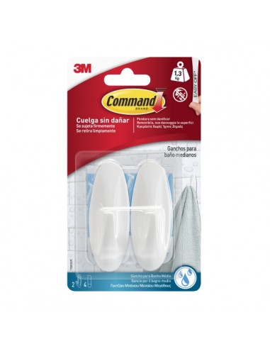 Command Pack de 2 Ganchos Medianos para Aseo - Resistente al Agua - 4 Tiras Adhesivas - Soporta hasta 1.3kg - Color Blanco