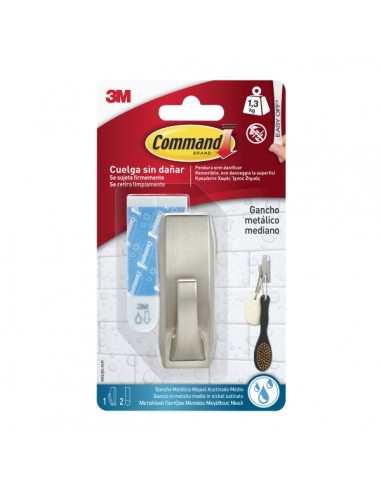 Command Gancho Metalico Mediano para Aseo - Resistente al Agua - 2 Tiras Adhesivas - Soporta hasta 1.3kg - Estilo Moderno -