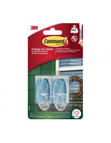 Command Pack de 2 Ganchos Medianos - para Uso en Exterior - 4 Tiras Adhesivas - Soporta hasta 0.9kg - Color Transparente