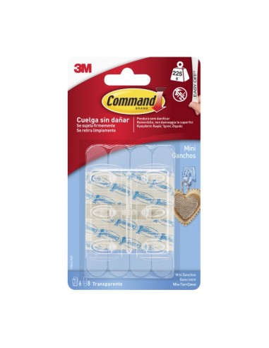 Command Mini Pack de 6 Ganchos - 8 Tiras Adhesivas - Soportan hasta 225G - Color Transparente