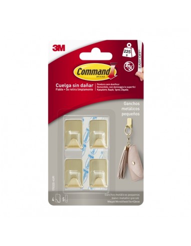 Command Pack de 4 Ganchos Compactos - Metalizado - 5 Tiras Adhesivas - Soporta hasta 225G - Talla S - Color Dorado