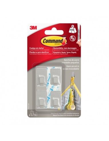 Command Pack de 4 Ganchos Compactos - Acero Inoxidable - 5 Tiras Adhesivas - Soporta hasta 225G - Talla S - Color Transparente