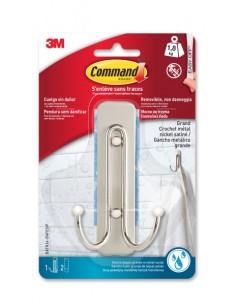 Command Gancho Doble Grande para Aseo - 2 Tiras Adhesivas - Soporta hasta 1.8kg - Color Niquel Satinado
