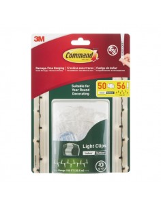 Command Pack de 50 Ganchos para Luces - Sujeccion de Clip - 56 Tiras Adhesivas - Color Transparente