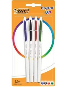 Bic Cristal Up Pack de 4 Boligrafos de Bola - Punta Redonda de 1.2mm - Trazo 0.6mm - Tinta con Base de Aceite - Cuerpo Blanco