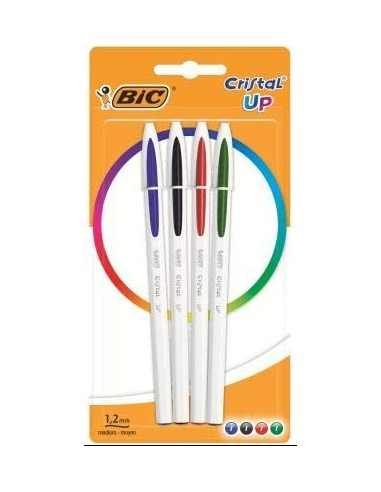 Bic Cristal Up Pack de 4 Boligrafos de Bola - Punta Redonda de 1.2mm - Trazo 0.6mm - Tinta con Base de Aceite - Cuerpo Blanco