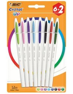 Bic Cristal Up Pack de 8 Boligrafos de Bola - Punta Redonda de 1.2mm - Trazo 0.6mm - Tinta con Base de Aceite - Cuerpo Blanco
