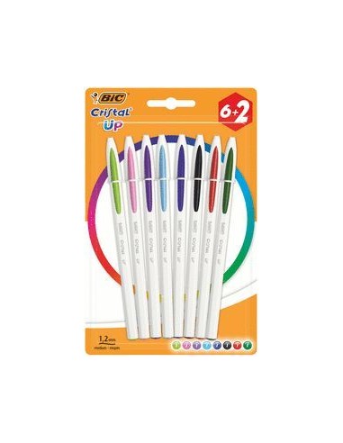Bic Cristal Up Pack de 8 Boligrafos de Bola - Punta Redonda de 1.2mm - Trazo 0.6mm - Tinta con Base de Aceite - Cuerpo Blanco