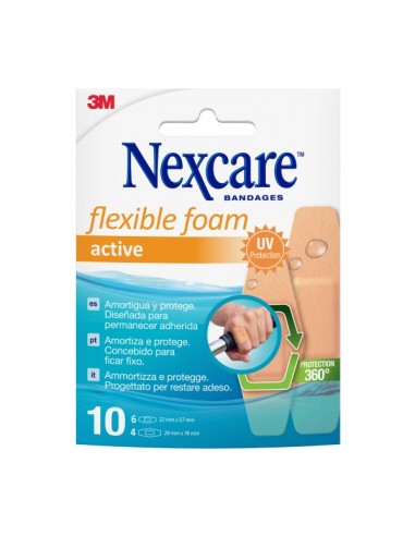 Nexcare Active Flexible Foam Pack de 10 Apositos Surtidos - Transpirable - Resistente al Agua - Color Piel
