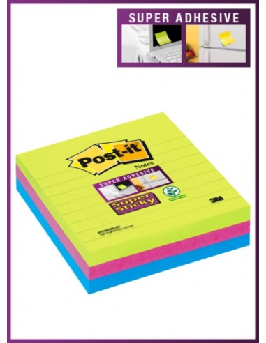 Post-It Super Sticky Pack de 3 Blocs de 70 Notas Adhesivas Reposicionables - 101x101mm - 100-PEFC - Colores Surtidos