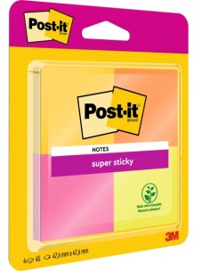 Post-It Super Sticky Pack de 4 Blocs de 45 Notas Adhesivas Reposicionables - 47.6x47.6mm - 100-PEFC - Colores Surtidos