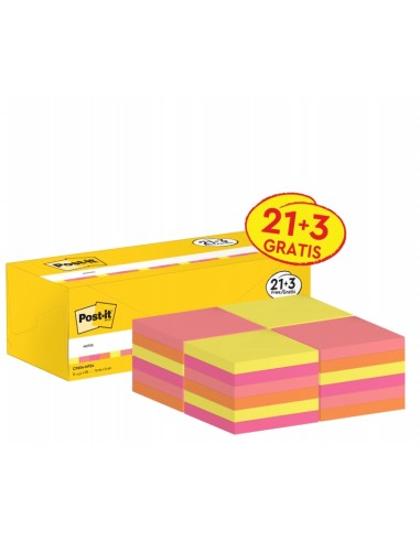Post-It Pack de 24 Blocs de 100 Notas Adhesivas Reposicionables - Forma Cuadrada - 76x76mm - Colores Surtidos