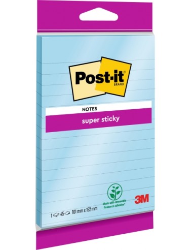 Post-It Super Sticky Bloc de 90 Notas Grandes Adhesivas Reposicionables - con Lineas - 102x152mm - Color Azul