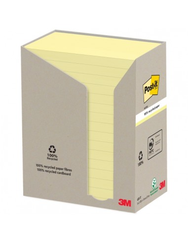 Post-It Pack de 16 Blocs de 100 Notas Adhesivas Recicladas - Forma Rectangular - 76x127mm - Color Amarillo Claro